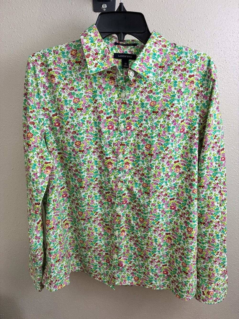 Womens Lands End No Iron Supima Floral Cotton Button Shirt 12 White Green